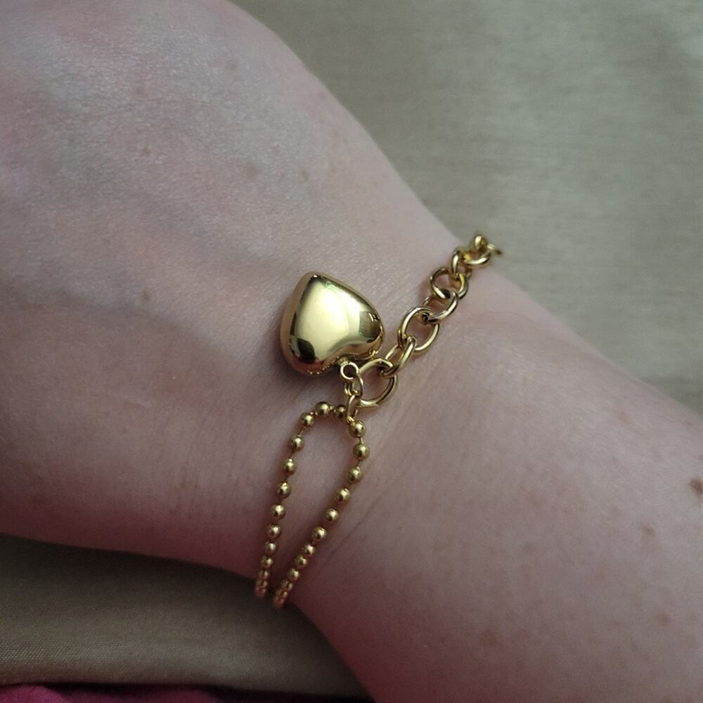 Mixed media chain heart mismatch asymmetrical gold stainless steel bracelet - Picture 2 of 4